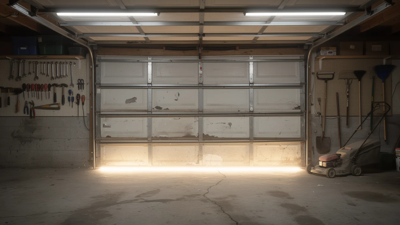 The white garage door is partially open, with light shining from outside.
