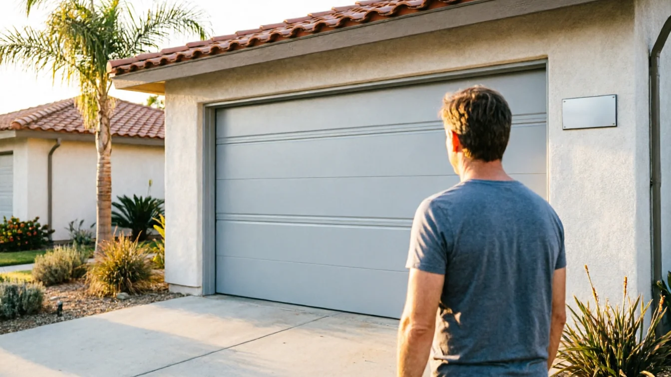 A man in a gray shirt stands facing a closed gray garage door.
