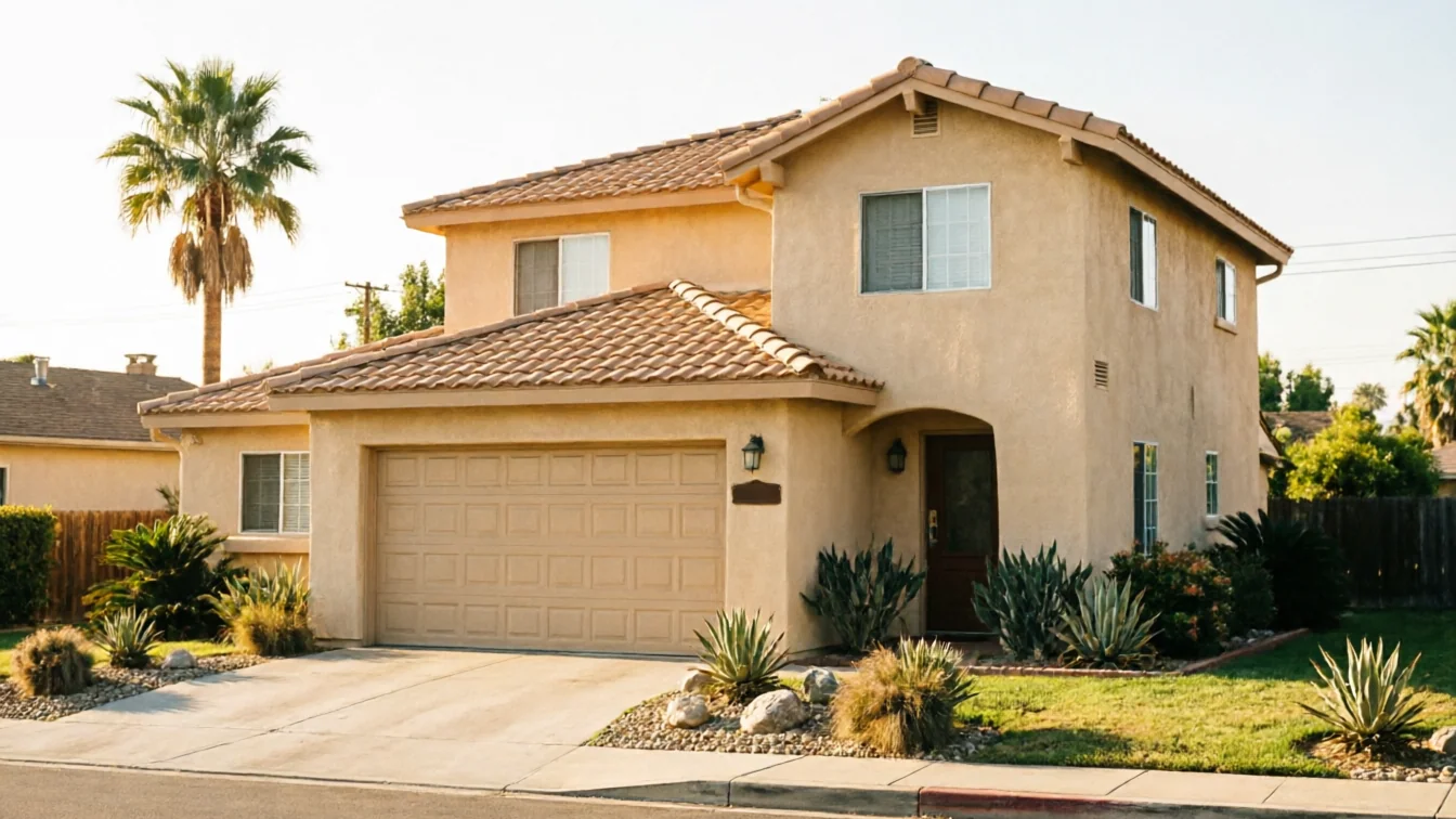 A two-story stucco house has a tan garage door and a brown tile roof.