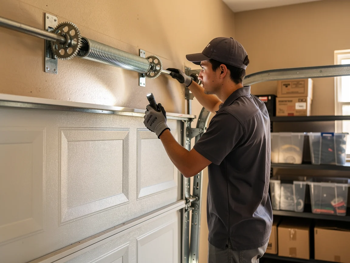 A technician in a gray uniform inspects a garage door torsion spring with a flashlight.