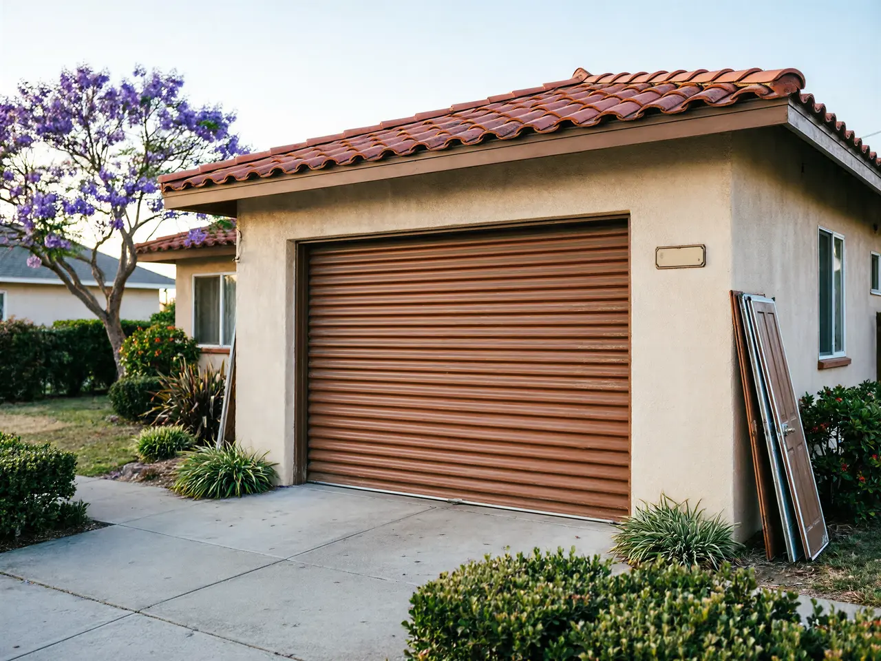 A brown roll-up garage door is on a stucco house with a red tile roof.
