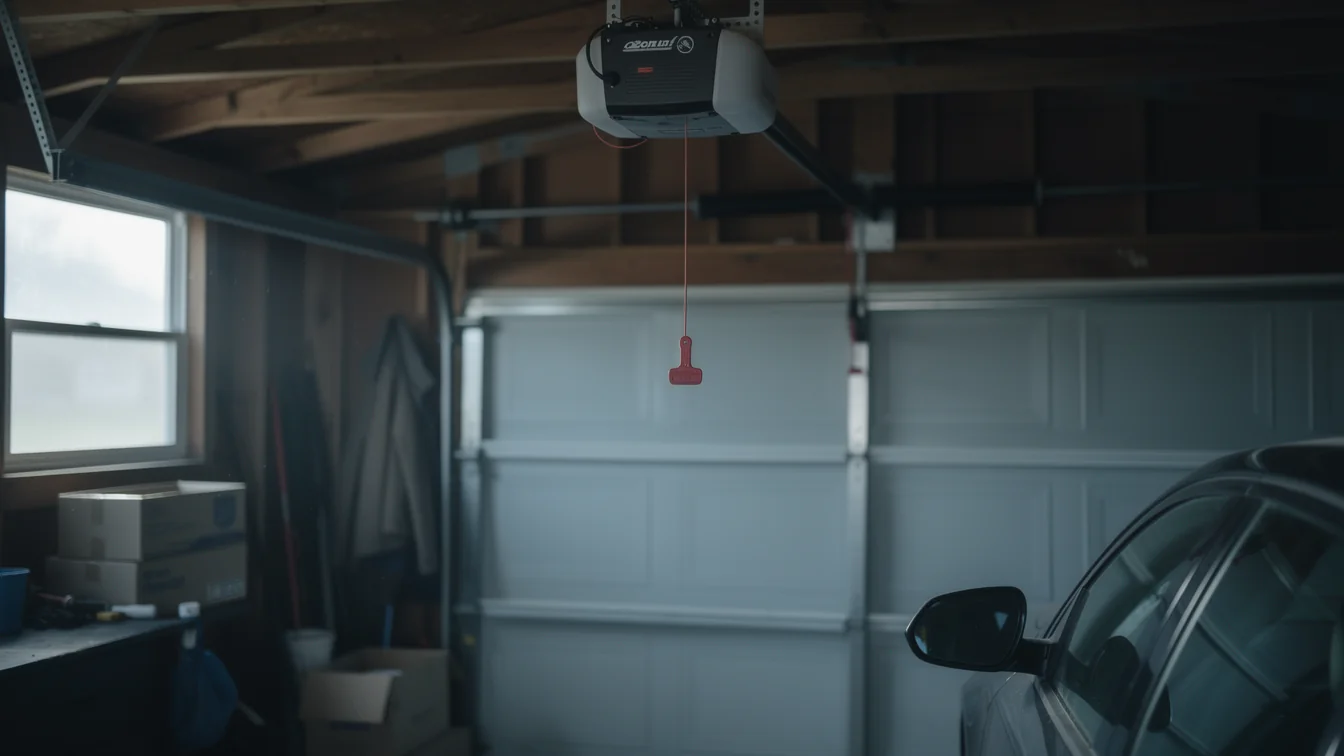 A garage door opener hangs above a closed garage door and a car.