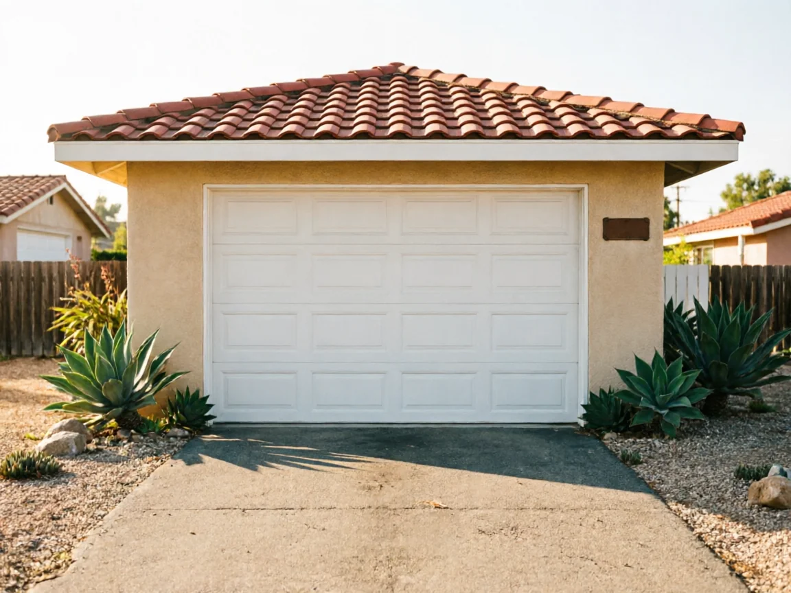 A white garage door is on a stucco garage with a red tile roof.