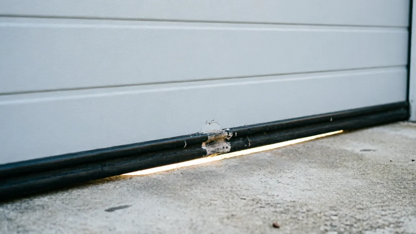 The garage door bottom seal is damaged, with light visible underneath.